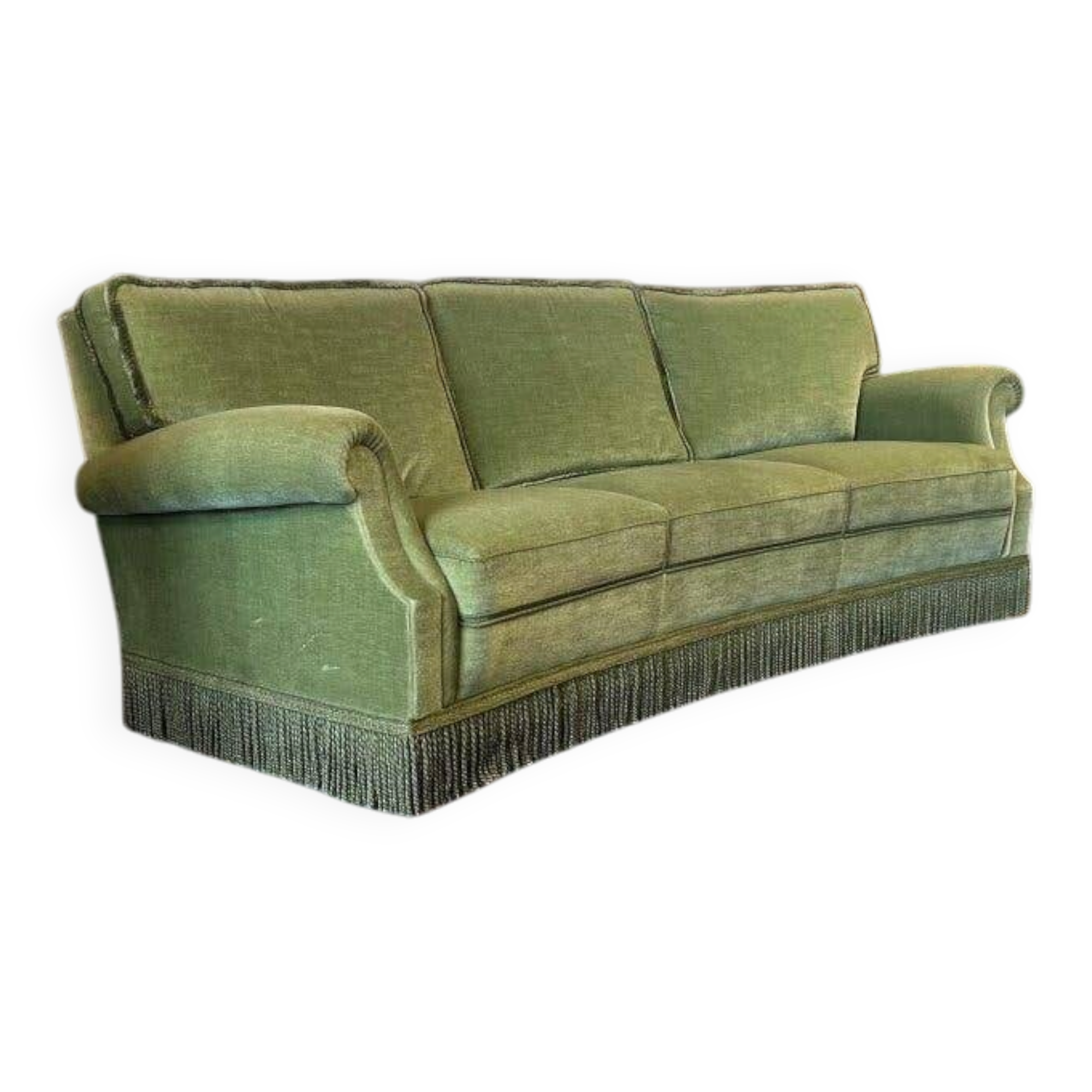 Canapé/fauteuil trois places vintage vert olive à franges