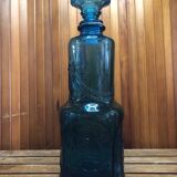 Ancienne bouteille verre moulé bleu + bouchon vintage