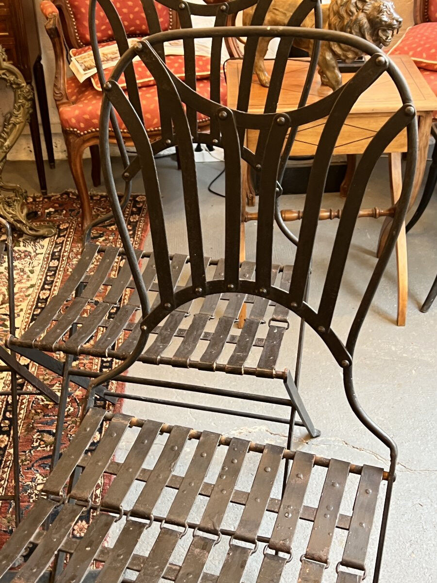 Set of 4 folding garden chairs in wrought iron and riveted, 19th century, Napoleon model.
