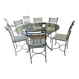 Lot table en verre et 10 chaises en fer forgé