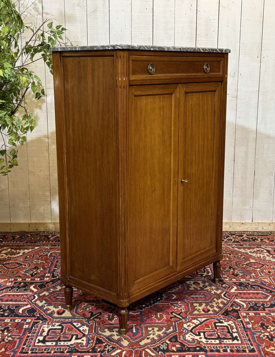 Small Louis XVI style cabinet in mahogany, oak, and marble top.