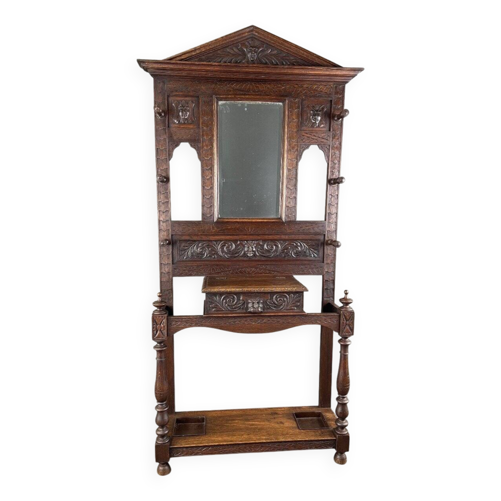 Carved Oak Coat Rack, Neo-Gothic Style, 19th Century