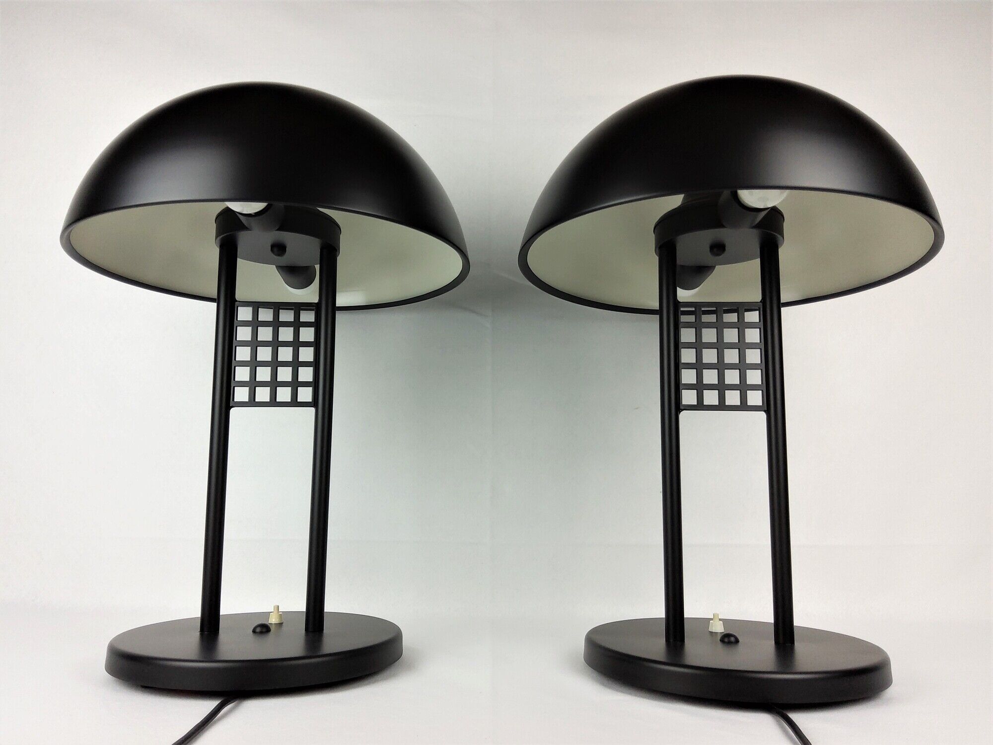 Pair of vintage table lamps, black lace-up metal 1980