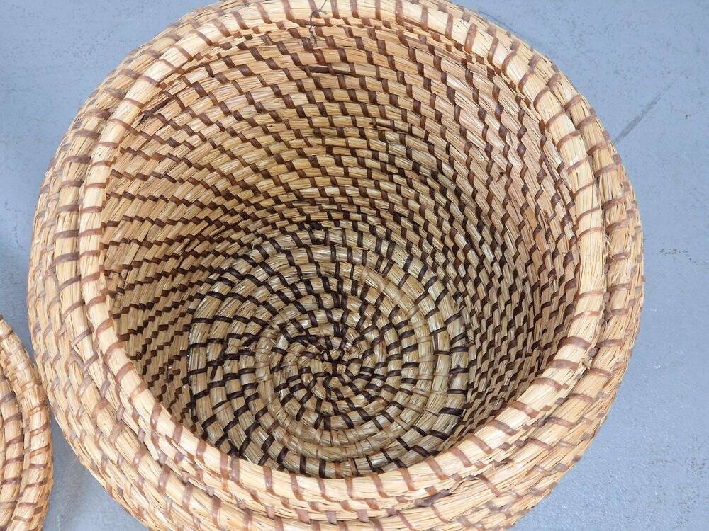 Vintage Straw and Wicker Stool with Storage Basket, 1960s