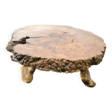 Brutalist coffee table in solid elm burl 108 cm diameter