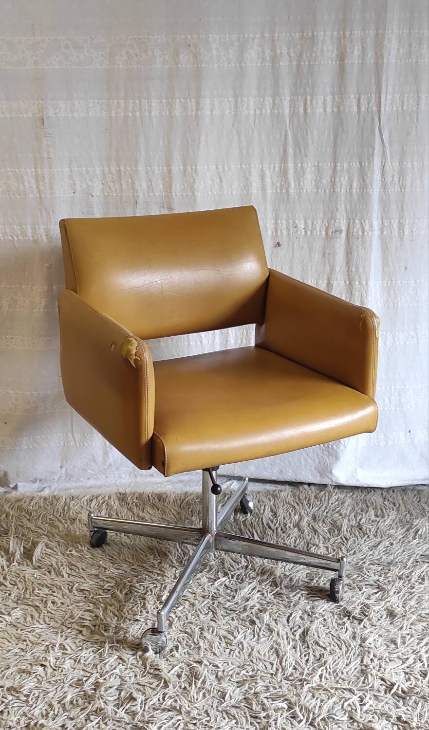 Modernist office armchair in yellow faux leather - 1950s