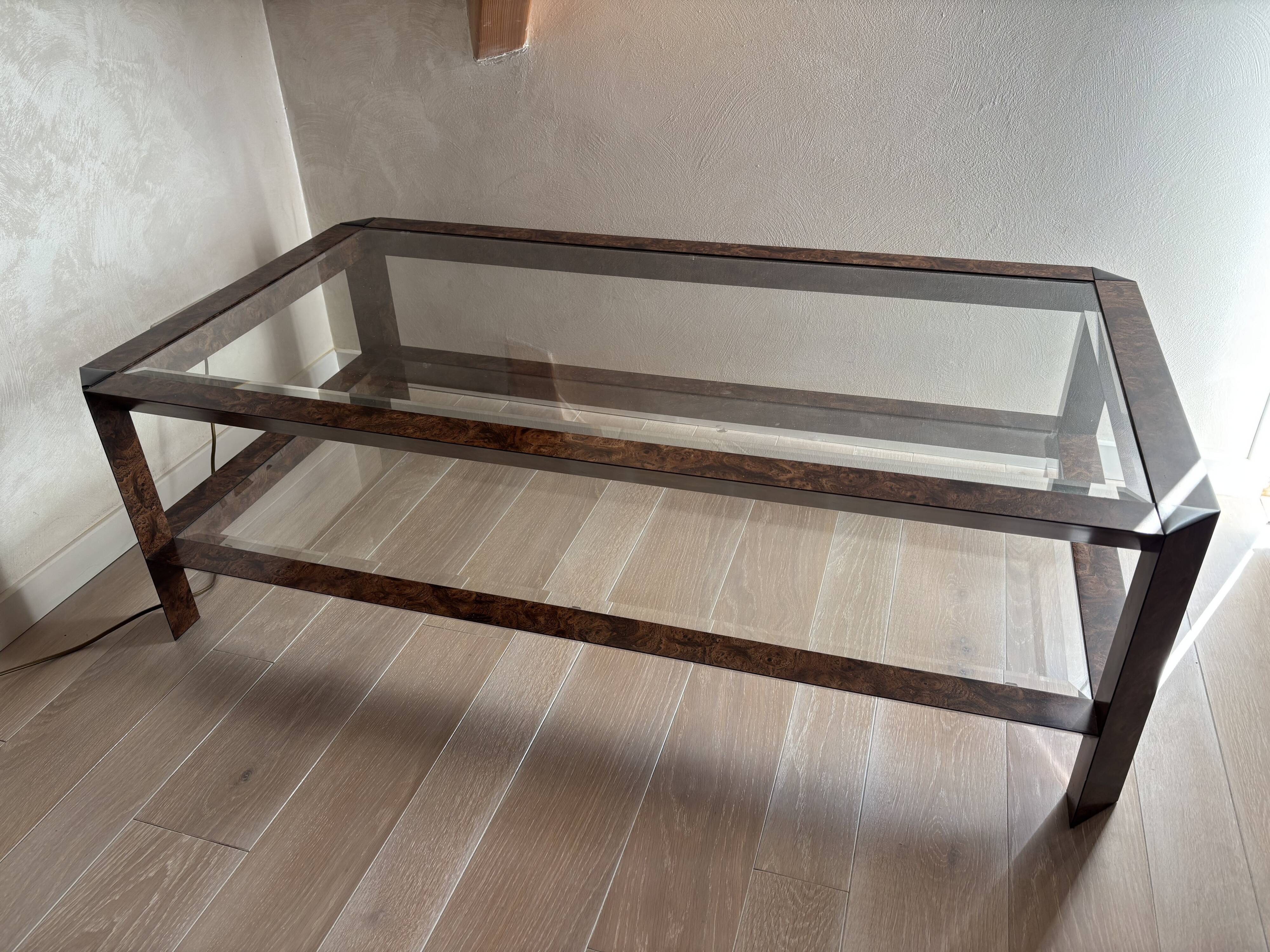 Vintage coffee table in elm burl and glass