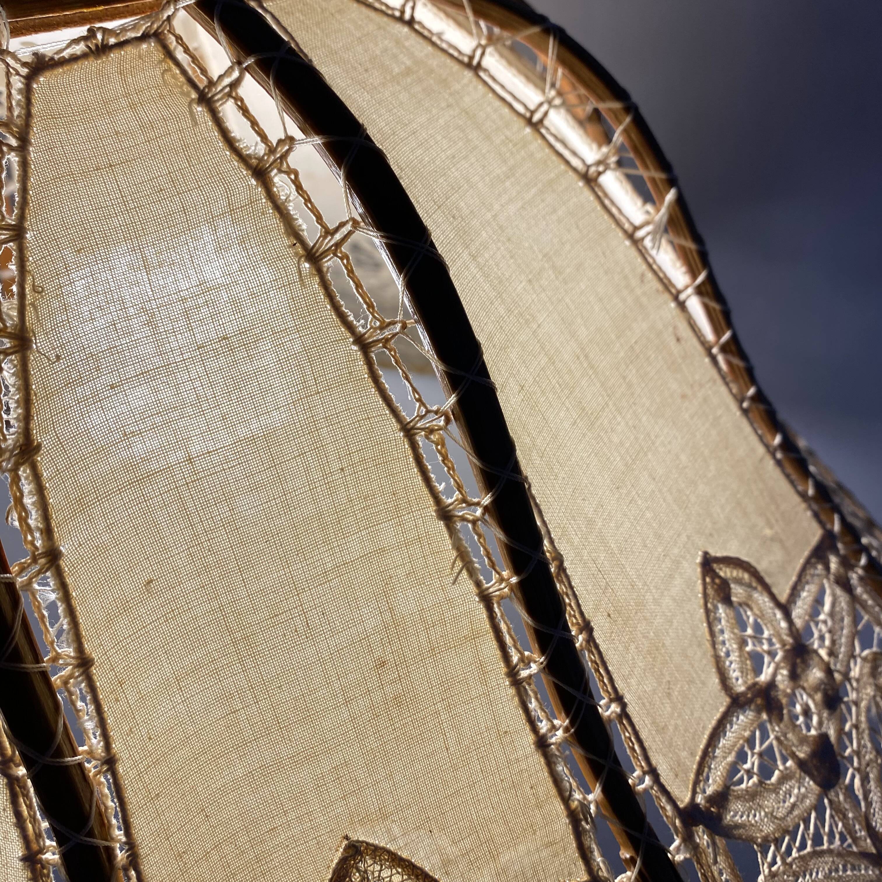 Antique hanging lampshade in rattan and openwork embroidered fabric