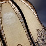 Antique hanging lampshade in rattan and openwork embroidered fabric