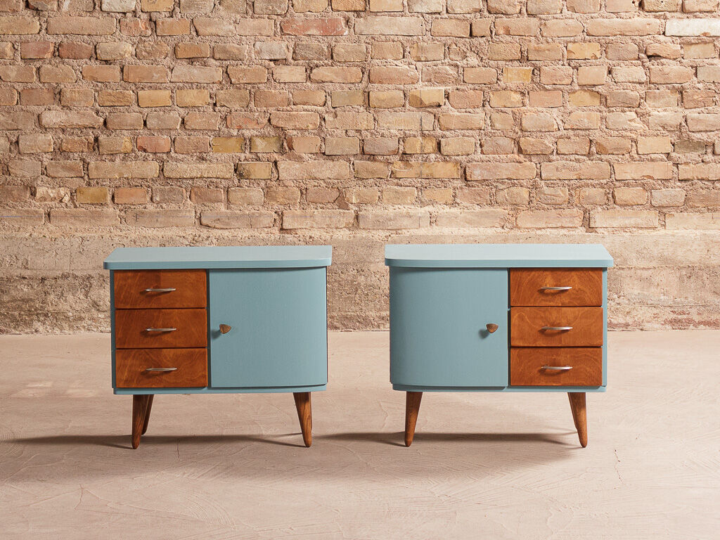 Pair of vintage bedside tables completely redesigned in blueberry on compass feet in solid oak tinted teak