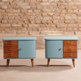 Pair of vintage bedside tables completely redesigned in blueberry on compass feet in solid oak tinted teak