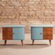 Pair of vintage bedside tables completely redesigned in blueberry on compass feet in solid oak tinted teak