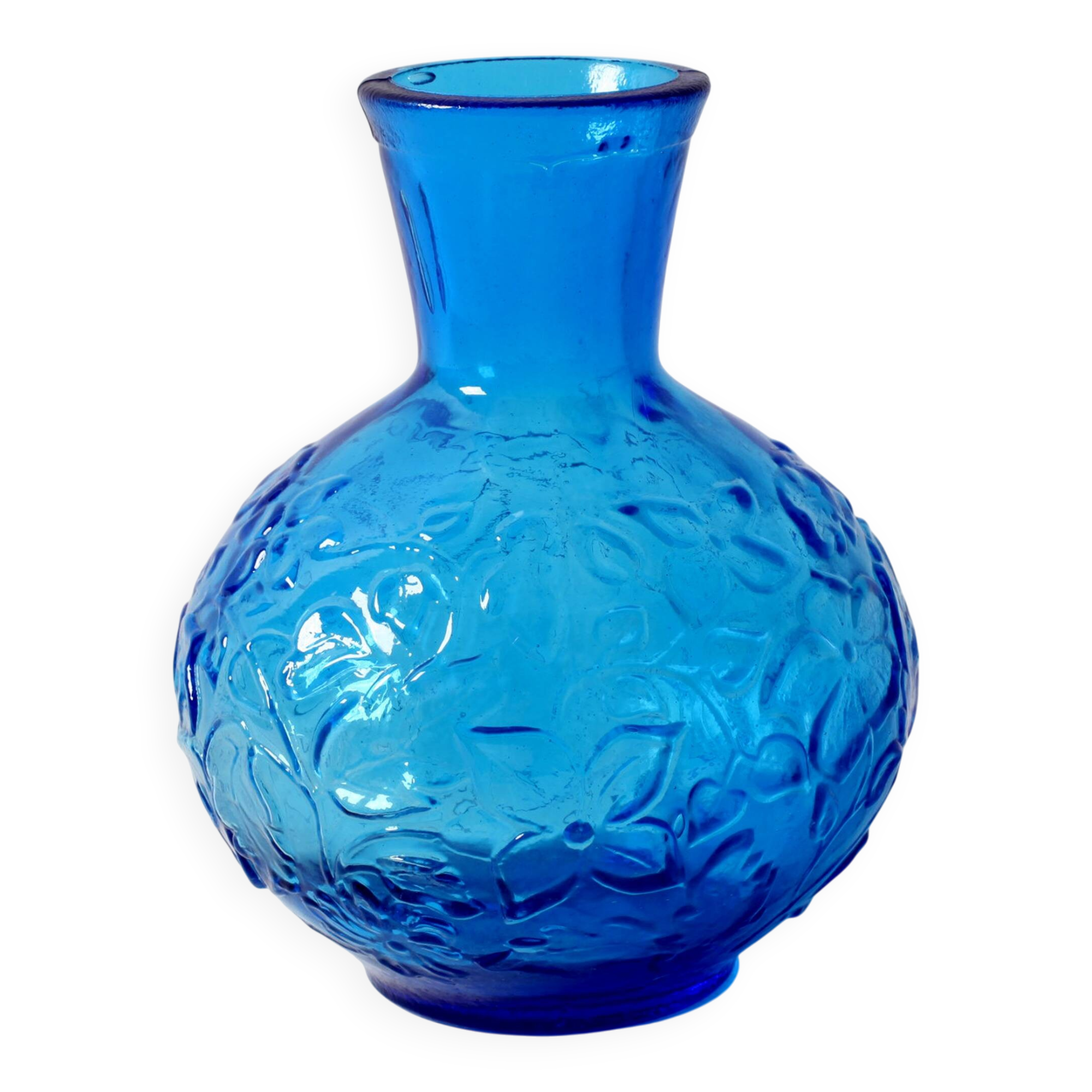 Vintage Small Blue Pressed Glass Vase with Flowers Pattern / Italy / 1960