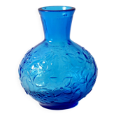 Vintage Small Blue Pressed Glass Vase with Flowers Pattern / Italy / 1960