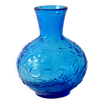 Vintage Small Blue Pressed Glass Vase with Flowers Pattern / Italy / 1960