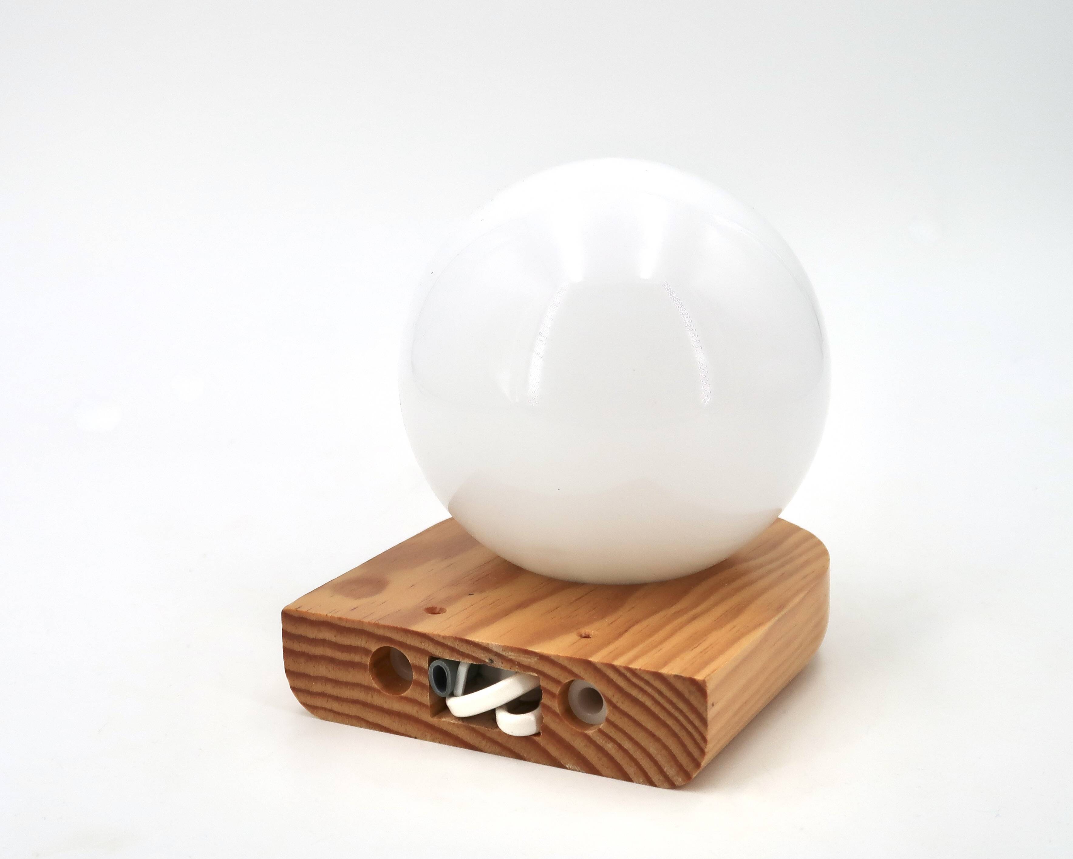 Wall light in pine wood with opaque white glass globe, 1980s
