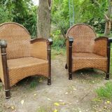 Paire de fauteuils en bois et rotin 1980