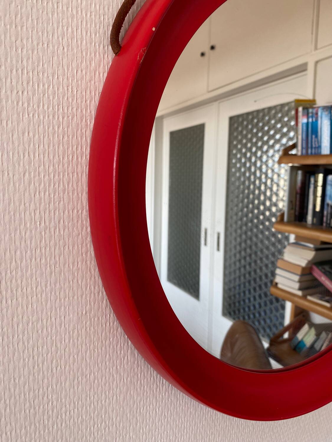 Mid-Century Scandinavian Red Round Wooden Mirror with Leather Strap, 1950s