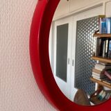 Mid-Century Scandinavian Red Round Wooden Mirror with Leather Strap, 1950s