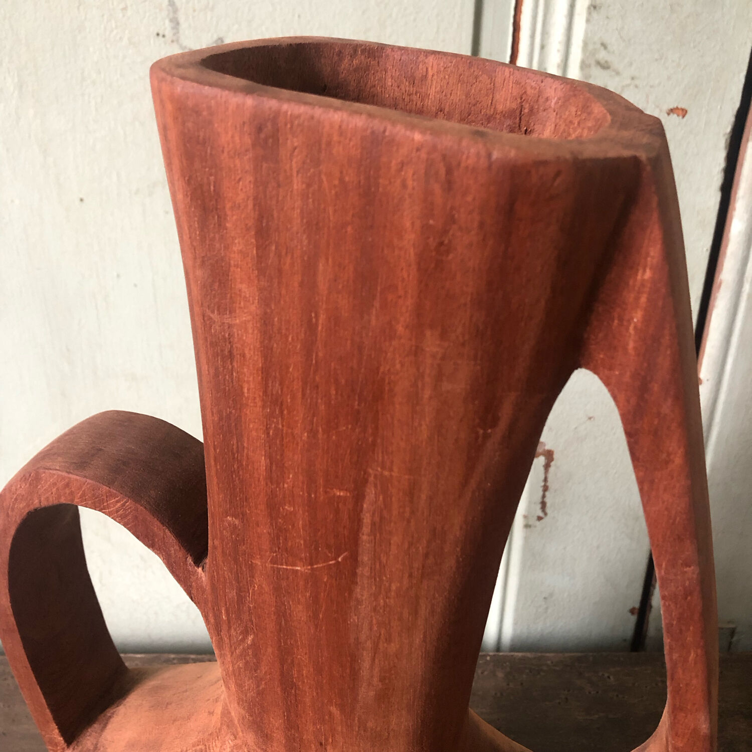 Vase in carved teak wood, 60s