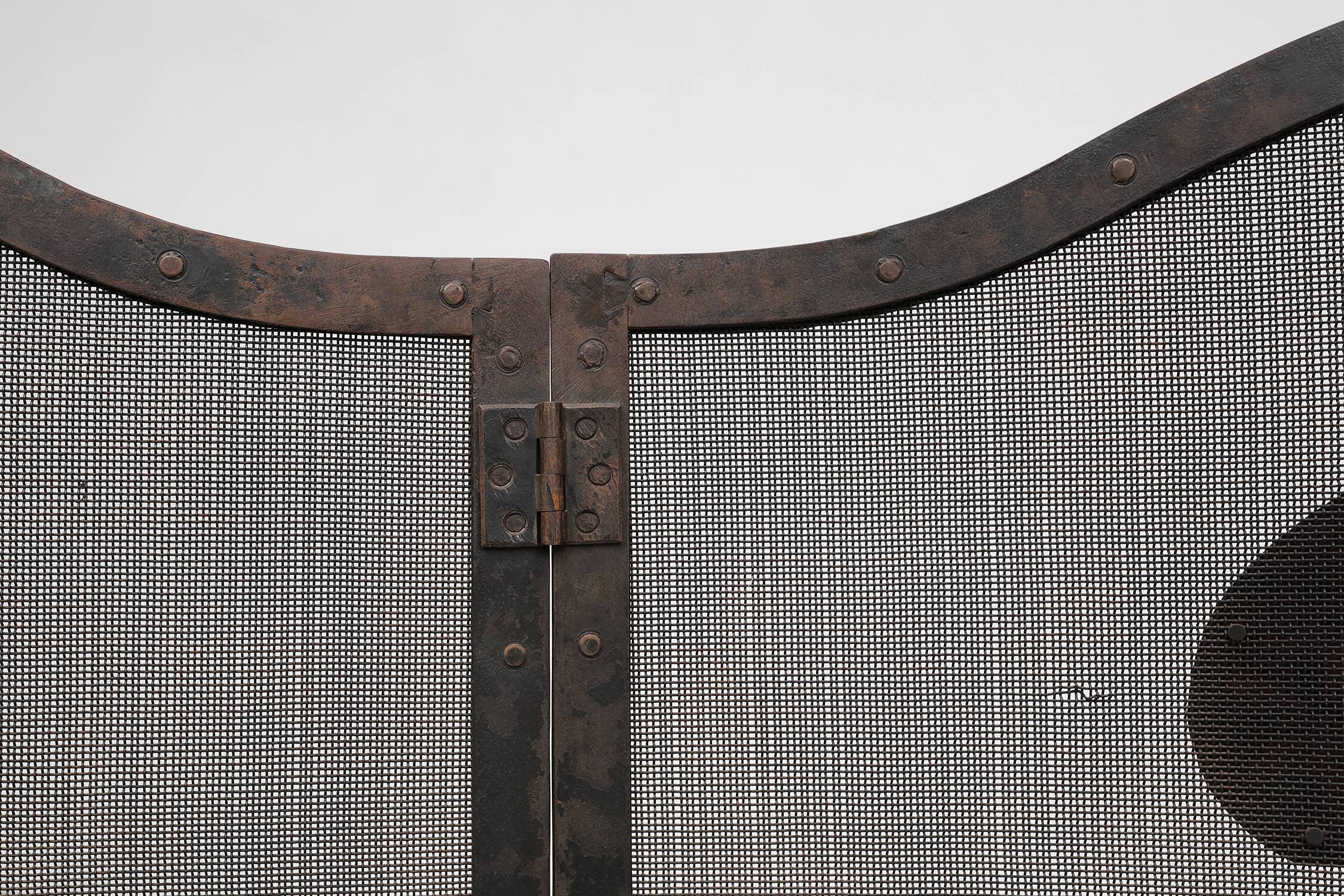 French Art Deco wrought iron fireplace screen with 3 panels