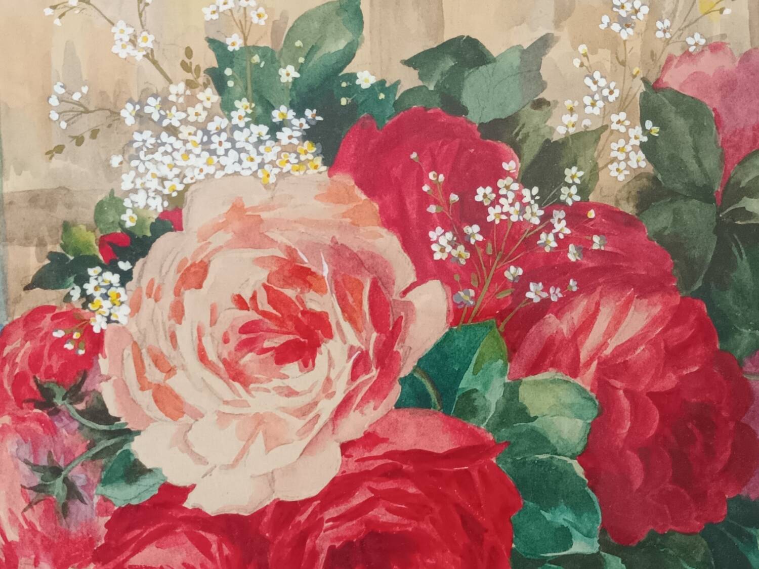 Aquarelle bouquet de roses encadrée XXème