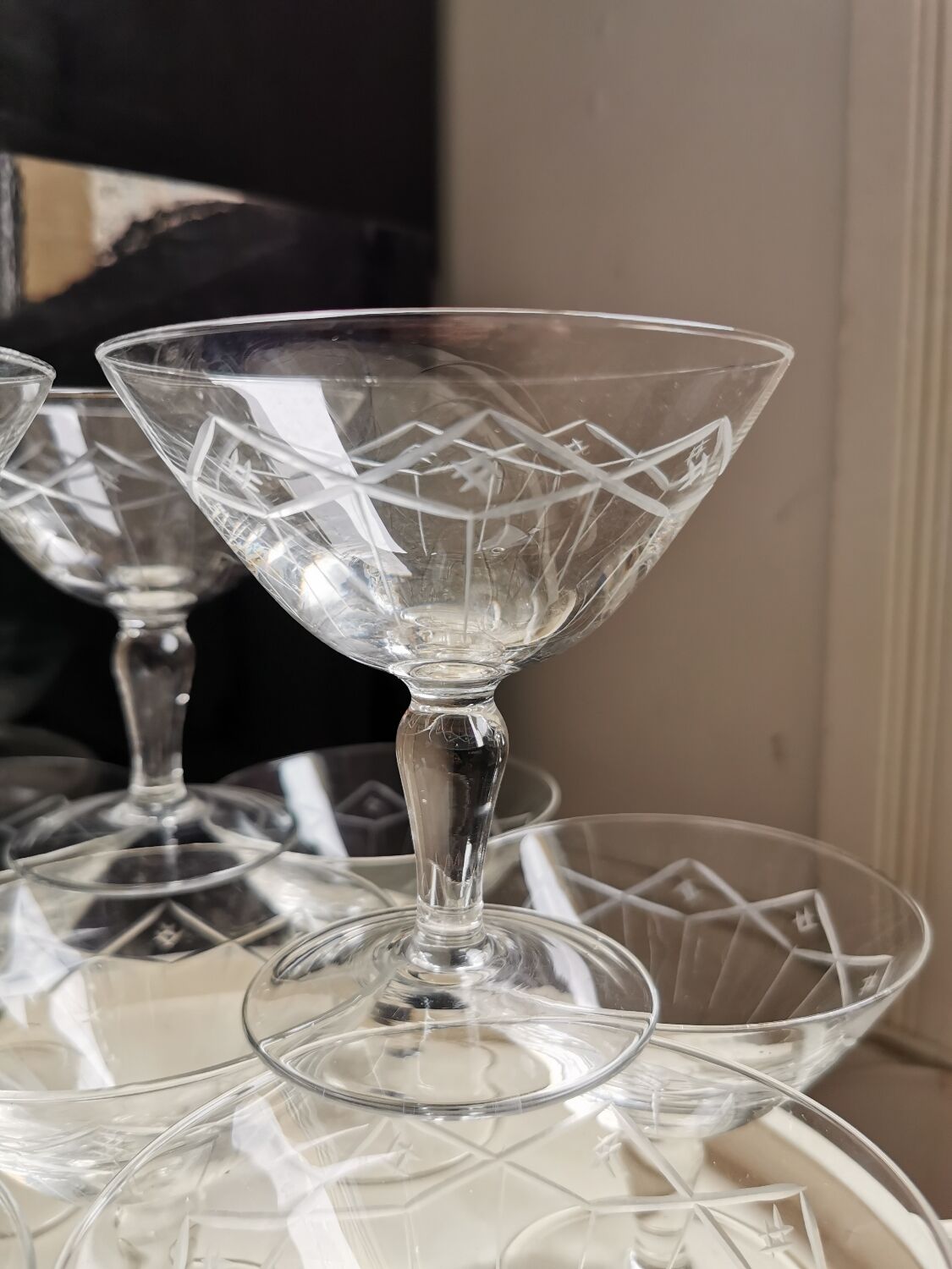 10 vintage hand-engraved champagne glasses
