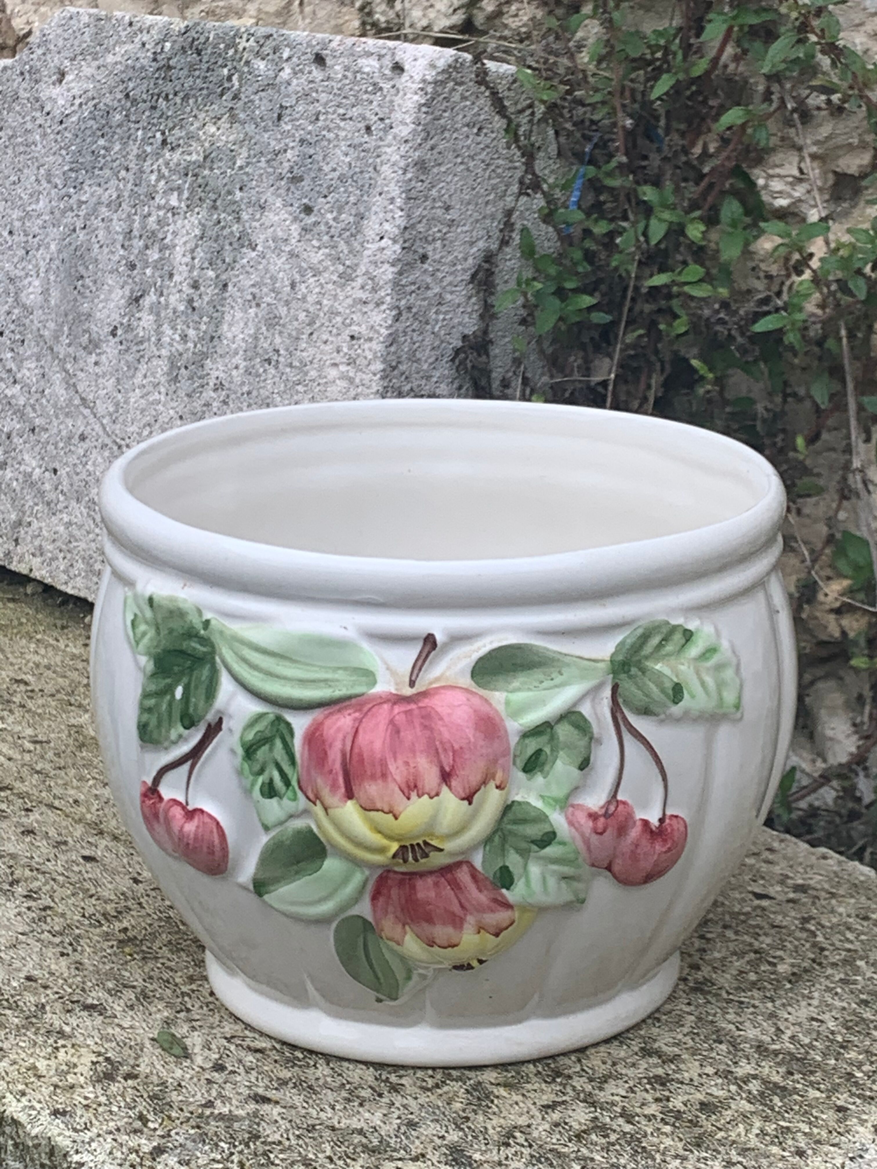 White glazed ceramic pot cover slurry vintage fruit