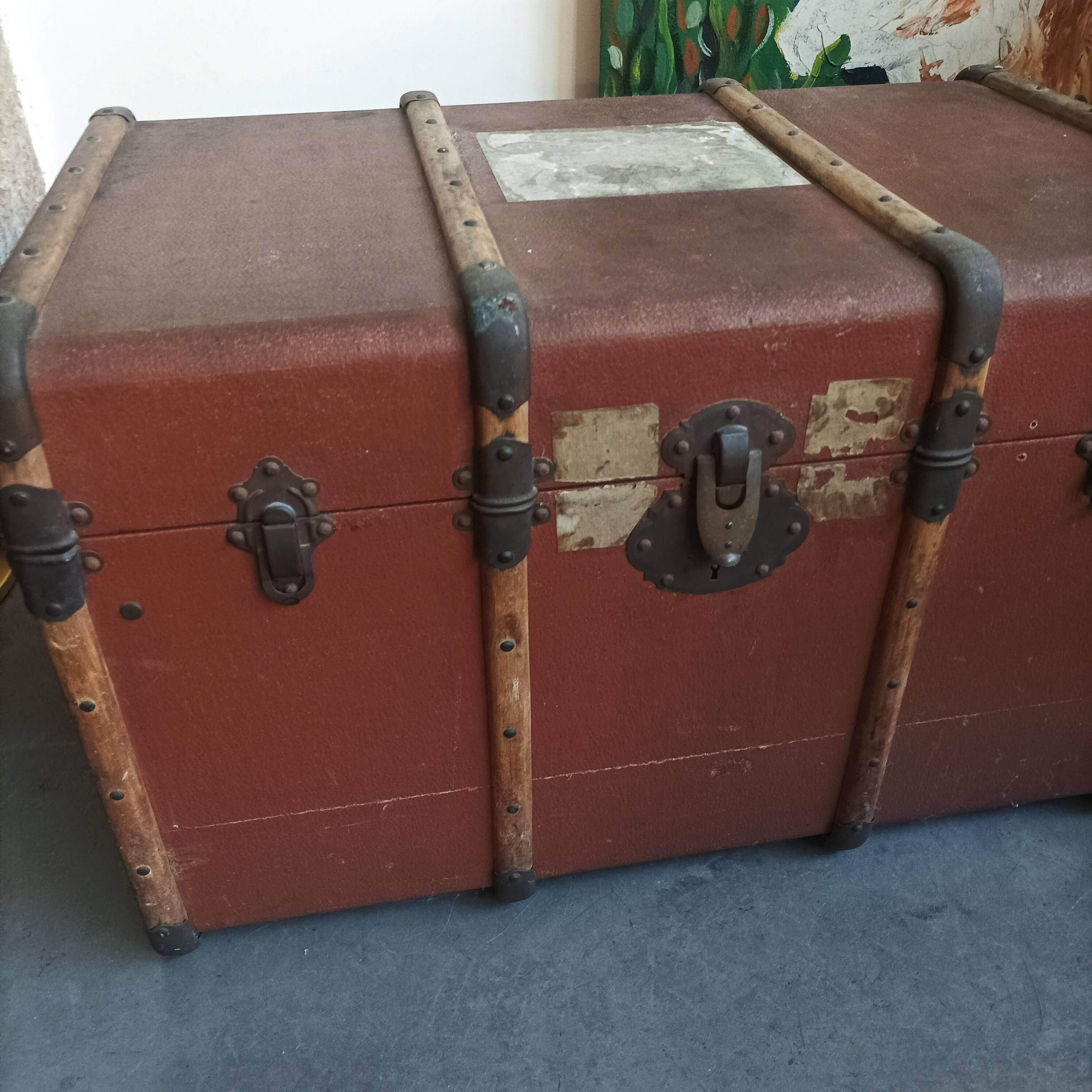 Large antique wooden travel trunk