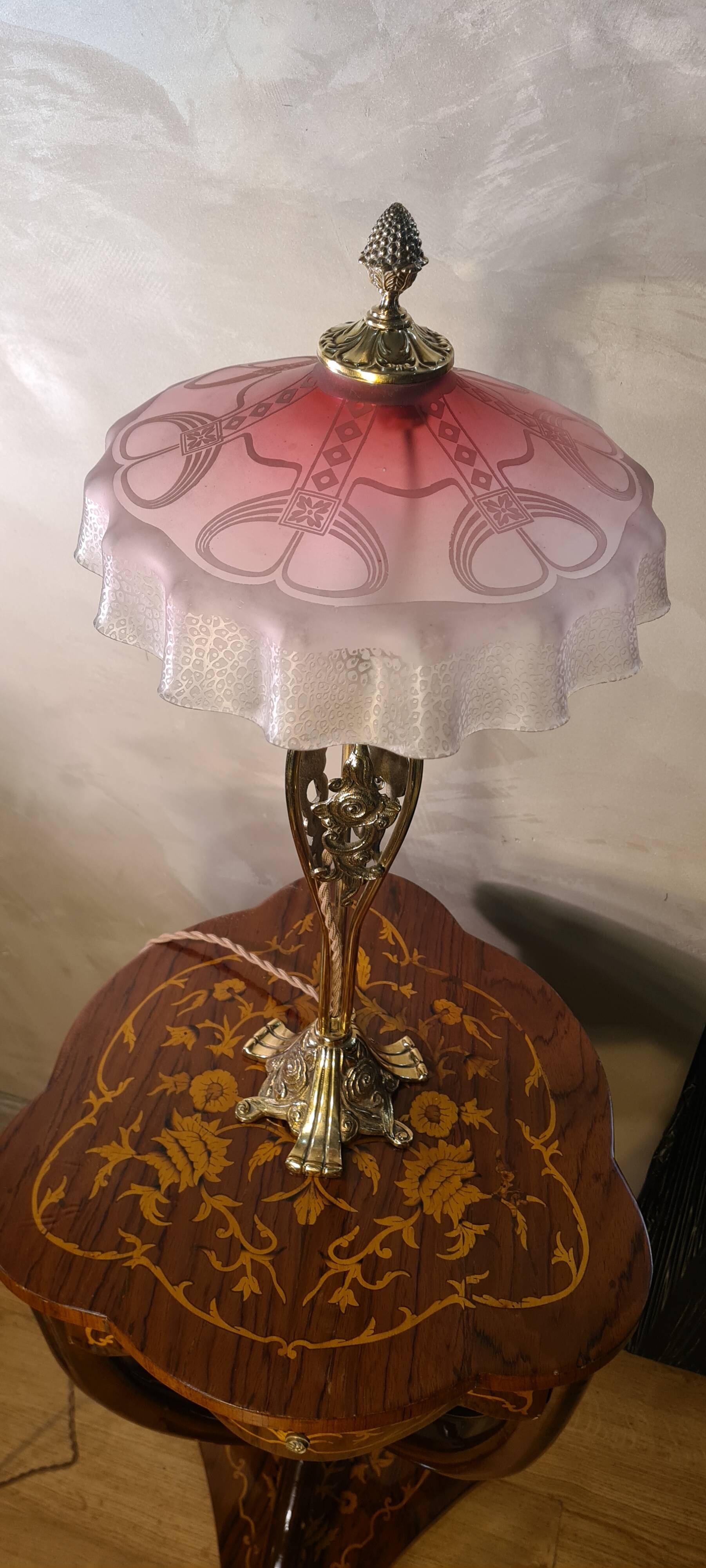 1920 bronze lamp pink tinted glass shade & acid etched art nouveau 63x30