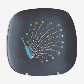 black vintage wall plate with peacock motif, 1950s collector's plate