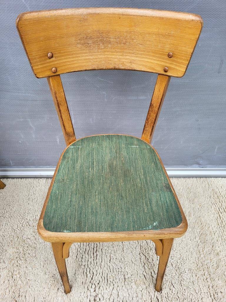 Trio chaises bistrot Baumann 1950 simili vert chiné