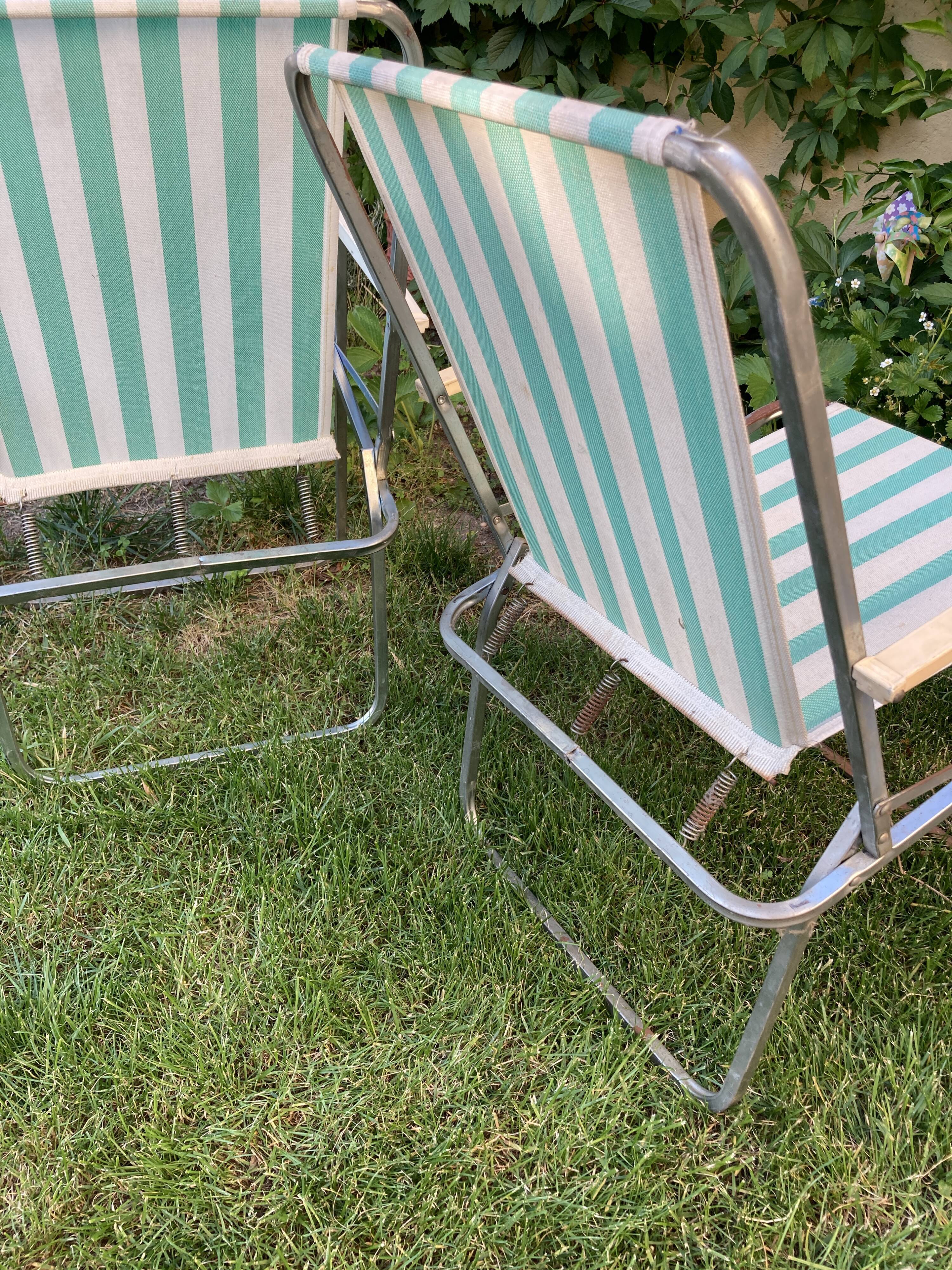 Pair of vintage camping chairs striped green and white