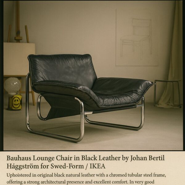 Fauteuil Bauhaus en cuir noir attribué à Johan Bertil Häggström pour Swed-Form / Ikea, Suède, années 1970.