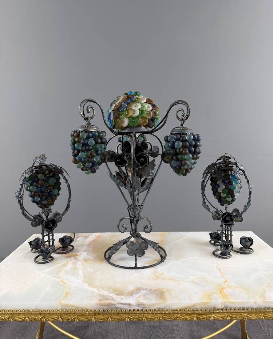 Set of three lamps in bronze and polychrome Murano glass, 20th century
