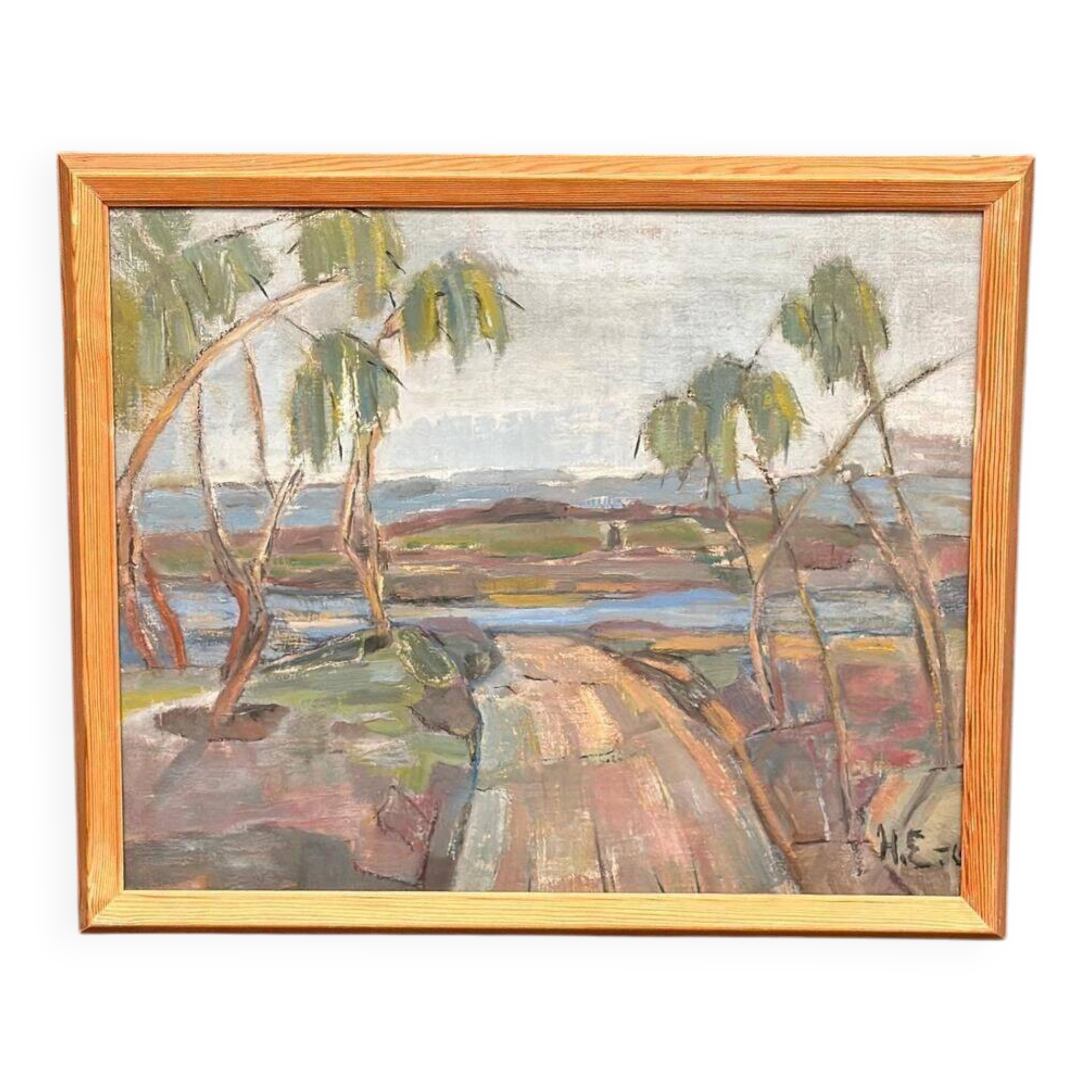 Original Mid Century Scandinavian Oil On Canvas – Path “H.E.” (1960) – Signed – Vintage & Framed – 52 × 43 Cm (20.5" × 16.9")