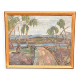Peinture à l'huile scandinave du milieu du siècle – Chemin "H.E." (1960) – Signée – Vintage et encadrée – 52 × 43 cm (20,5" × 16,9")