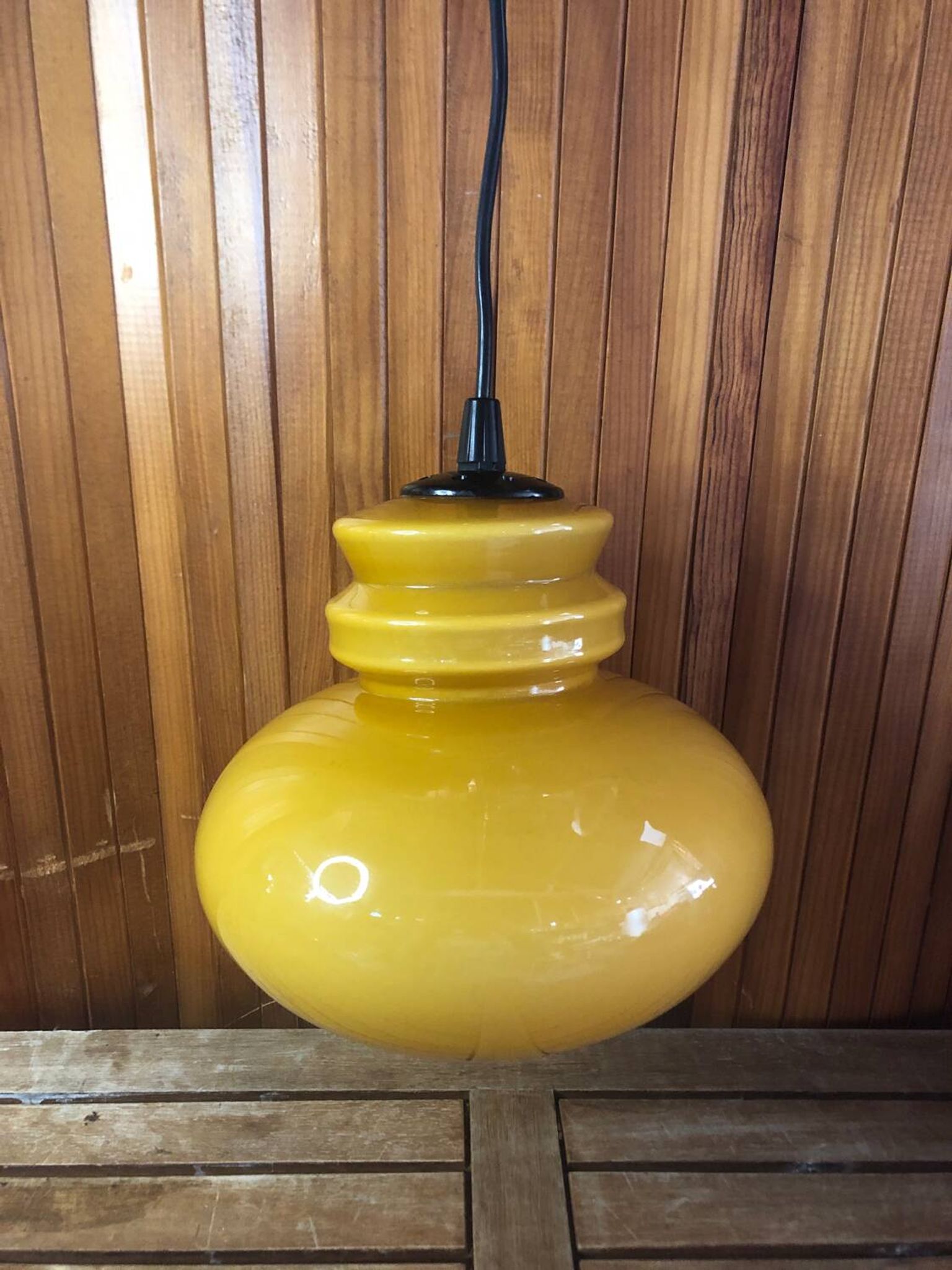 Old Yellow Opaline Pendant Light White Interior 1970s Vintage #A380