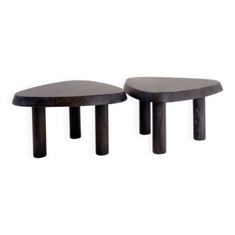 Pair of 3-legged side tables - in the style of Pierre Chapo