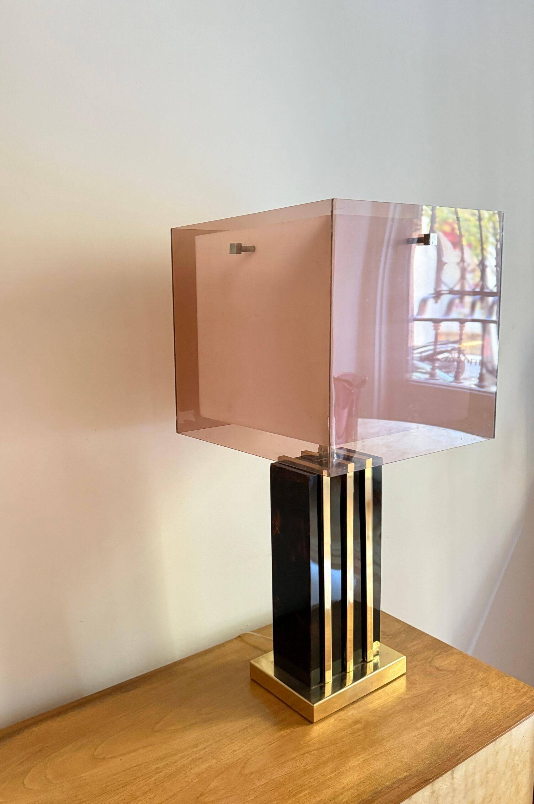 Lamp with chrome-plated brass structure and methacrylate shade designed by Romeo