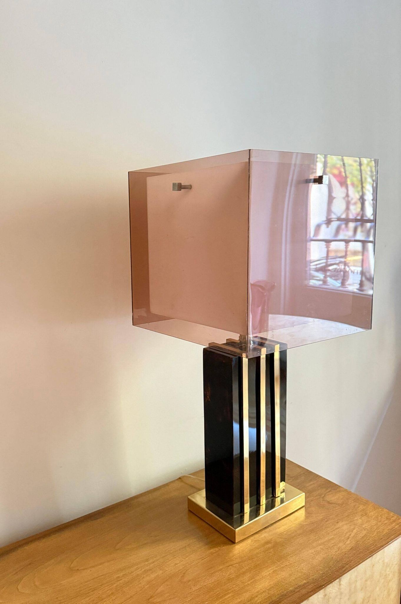 Lamp with chrome-plated brass structure and methacrylate shade designed by Romeo