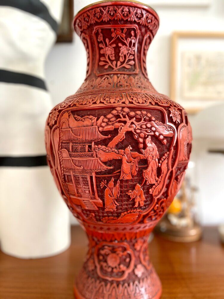 Asian metal vase and red resin