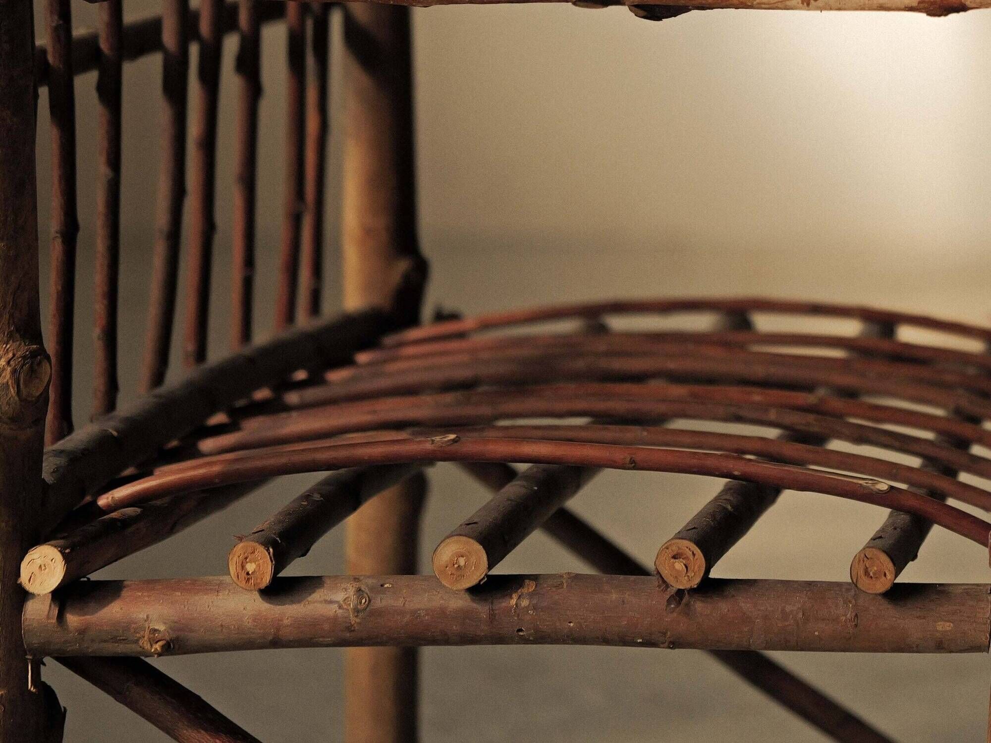 Brutalist armchair made of hazel branches, circa 1970.