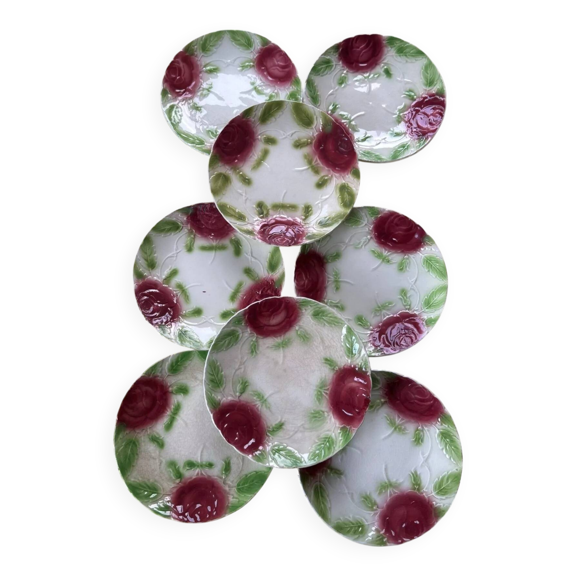 Set of 8 barbotine plates, the Onnaing roses – early 20th century