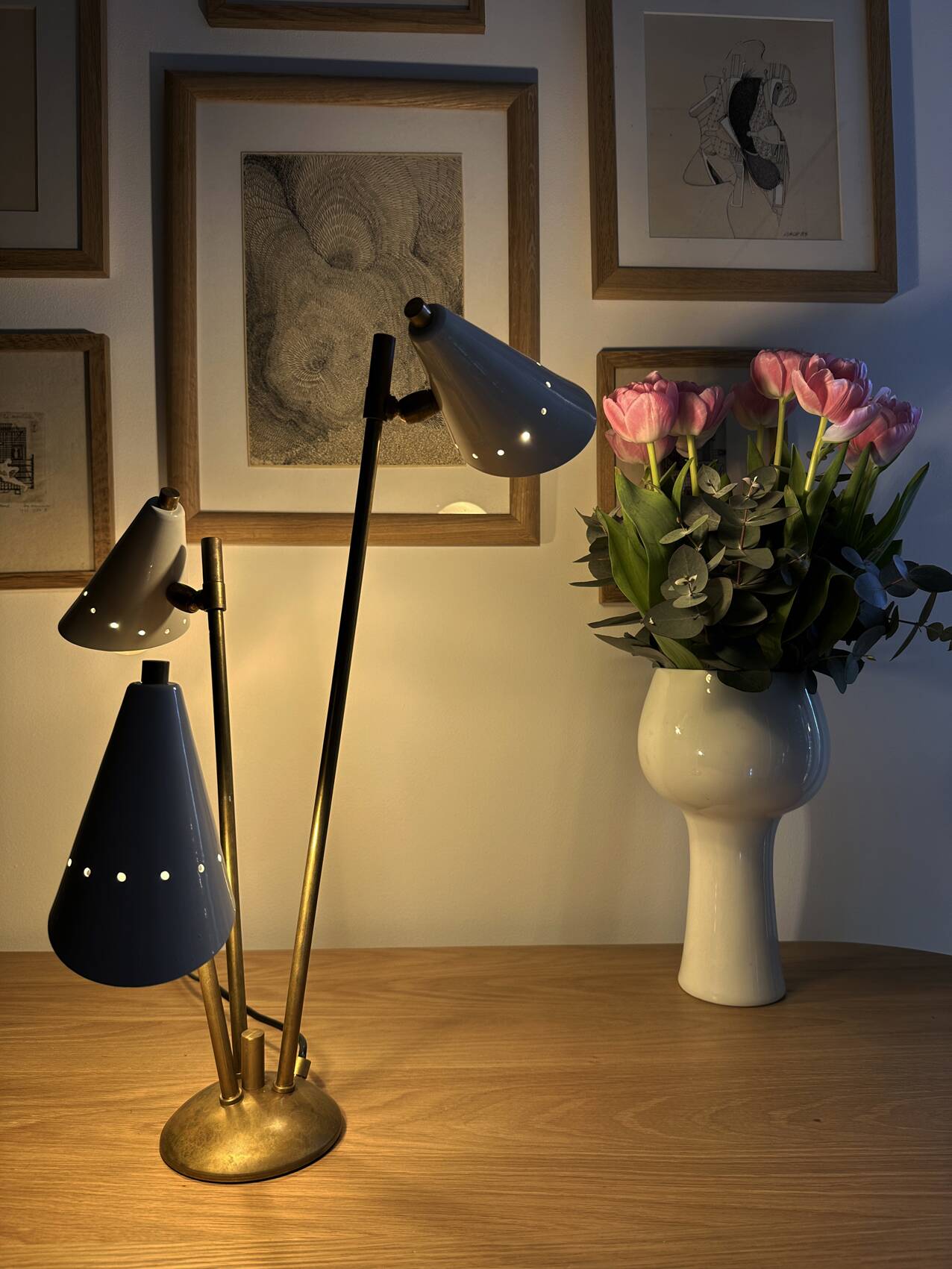 Italian lamp with three brass heads, 1950s design.