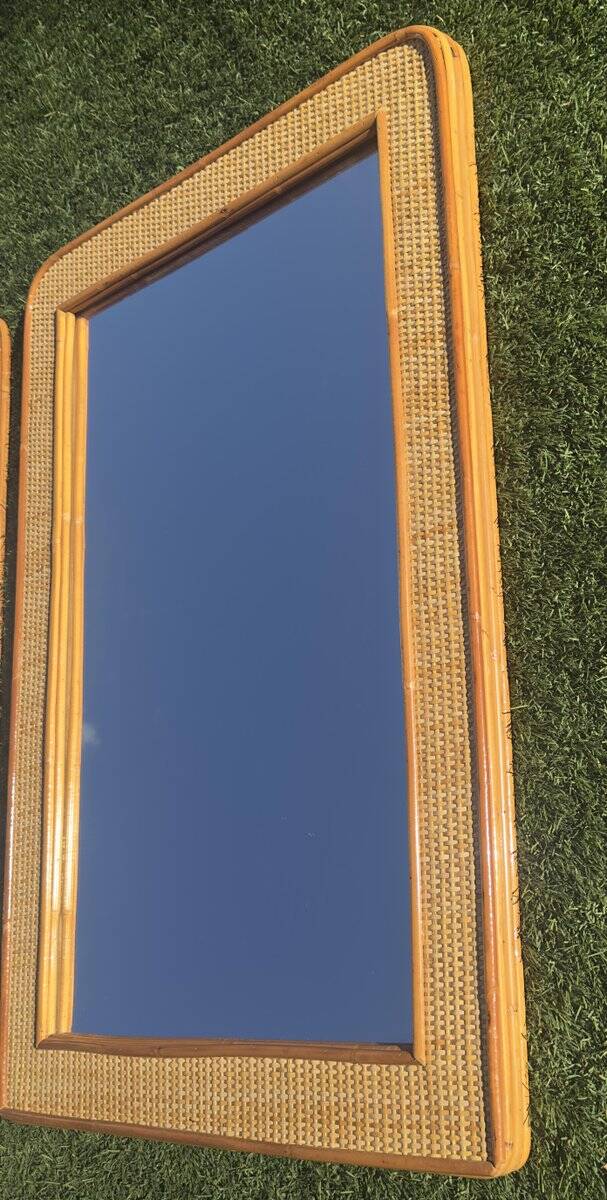 Bamboo and woven wicker mirrors in the style of Dior, 1960s-70s. Set of 2.