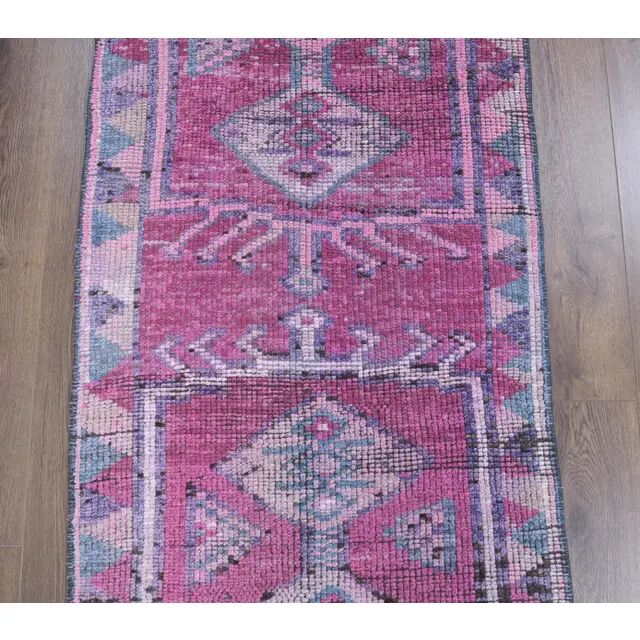 1970s Turkish handmade wool purple runner rug 76x340