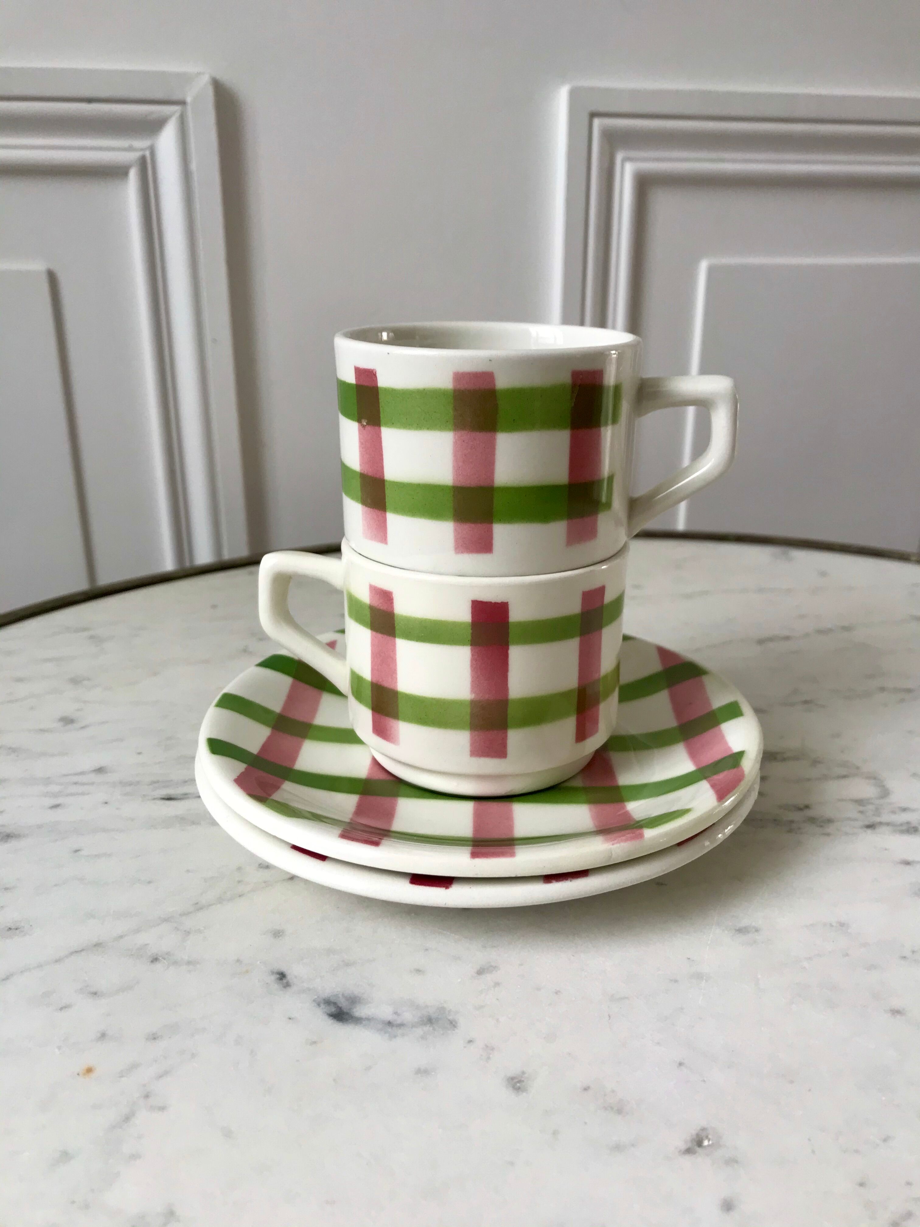 Duo de tasses et sous-tasses à café motif écossais / vichy années 50