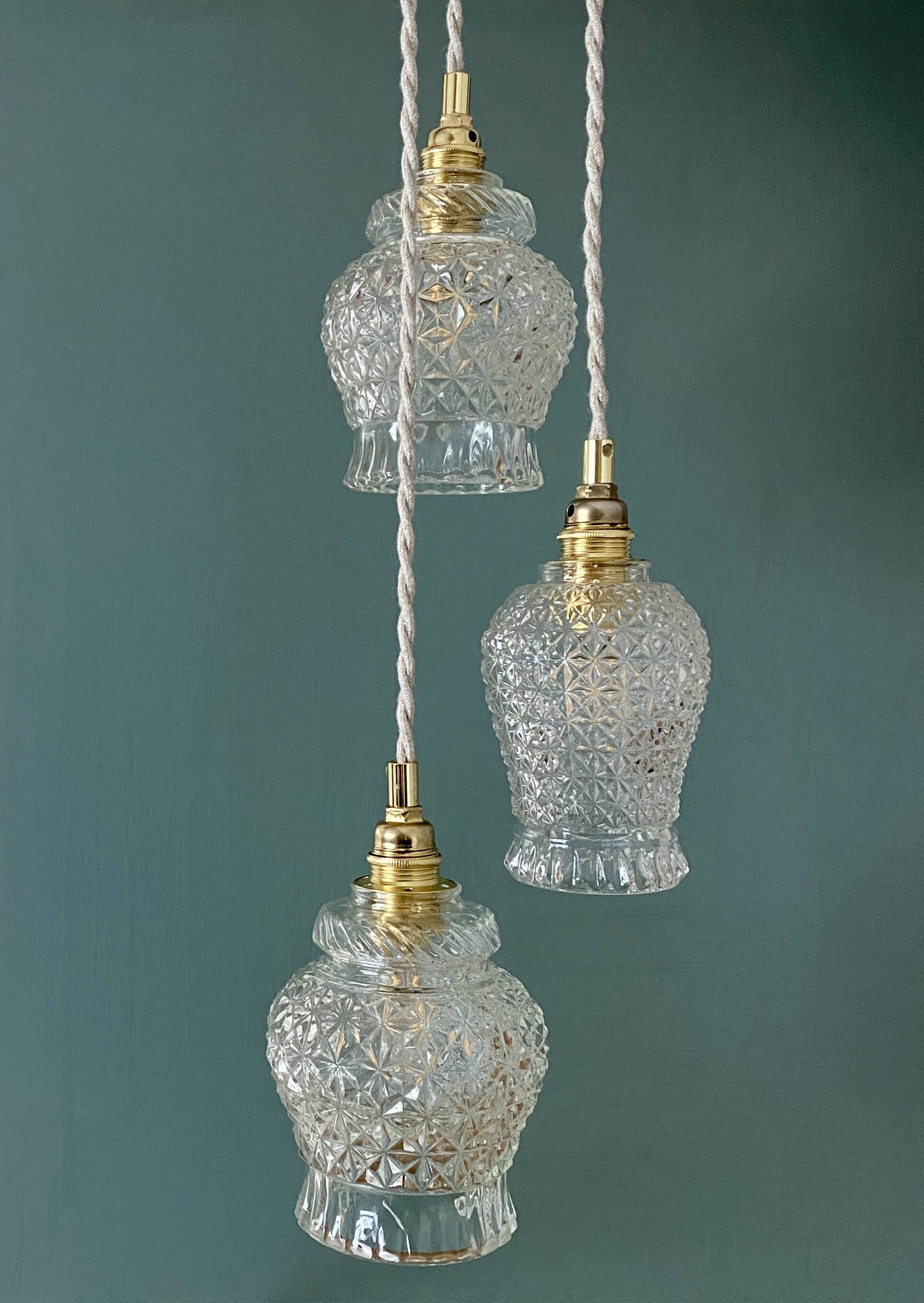Vintage triple tulip pendant light in molded glass