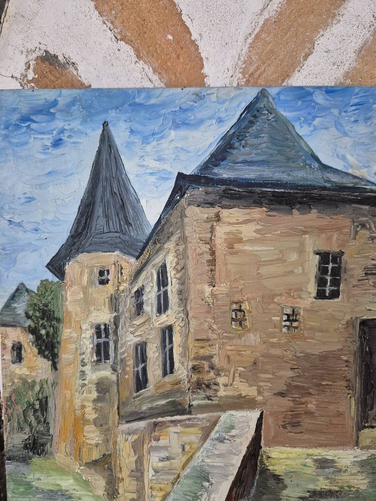 Old oil painting, old house